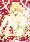  bad_id bad_pixiv_id barefoot blonde_hair breasts elf fairy fairy_wings feathers feet green_eyes green_ribbon large_breasts leafa long_hair looking_at_viewer naked_ribbon nude pointy_ears ponytail ribbon sideboob sitting smile solo sword_art_online very_long_hair wings yashiro_seika 