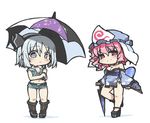  alternate_costume boots borrowed_design breasts chibi cleavage closed_umbrella clothes_writing hair_ribbon hat high_heels konpaku_youmu kureha_mitsushige medium_breasts multiple_girls race_queen ribbon saigyouji_yuyuko shoes short_shorts shorts touhou umbrella 