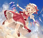  bad_id bad_pixiv_id blonde_hair blue_sky cloud fang flandre_scarlet hat hat_ribbon highres mob_cap open_mouth otegoya puffy_sleeves red_eyes ribbon shirt short_sleeves skirt skirt_set sky smile solo touhou vest wings wrist_cuffs 