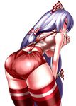  ass bad_anatomy bad_id bad_pixiv_id bare_shoulders bent_over borrowed_design bow finger_to_mouth from_behind fujiwara_no_mokou hair_bow highres long_hair looking_back nukarumi_noren red_eyes shorts silver_hair simple_background sleeveless solo striped striped_legwear suspenders sweat thighhighs touhou very_long_hair white_background 