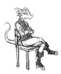  ambiguous_gender black_and_white chair clothing crossed_arms crossed_legs greyscale guoh horn kobold looking_at_viewer monochrome plain_background scalie sitting sketch solo unimpressed white_background 