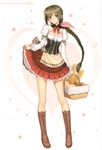  1girl absurdres basket black_hair boots braid bread breasts cleavage dress food hair_ribbon highres knee_boots legs neris_(shining_hearts) petticoat red_ribbon ribbon sega shining_(series) shining_hearts single_braid skirt_hold smile tanaka_takayuki 