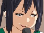  bad_id bad_pixiv_id black_hair brown_eyes close-up evil_smile k-on! microphone nakano_azusa parody parted_lips shaded_face smile smirk solo twintails upper_body watanore 