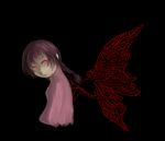  braid brown_hair butterfly_wings expressionless glowing glowing_eyes long_hair looking_back madotsuki messier_number pink_shirt red_eyes red_wings shirt solo twin_braids wings yume_nikki 