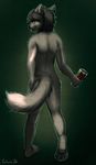  4_toes alcohol ambiguous_gender beverage canine digitigrade falvie fur green_eyes grey_fur grey_hair hair hindpaw looking_at_viewer looking_back mammal nude pawpads paws soles solo toes wine wolf 