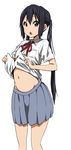  bad_id bad_pixiv_id belly black_hair dress_shirt k-on! long_hair looking_at_viewer nakano_azusa navel open_mouth pleated_skirt sakuragaoka_high_school_uniform school_uniform shirt shirt_lift simple_background skirt solo twintails watanore white_background 