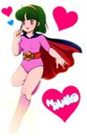  1girl amato-sgc belt blue_eyes boots cape flying green_hair headband heart leotard nanako_(nanako_sos) nanako_sos short_hair simple_background smile solo white_background 