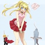  ahoge alphonse_elric armor blonde_hair blush braid coat covering covering_crotch edward_elric fullmetal_alchemist long_hair open_mouth pleated_skirt ponytail skirt tsukuda0310 wavy_mouth wind wind_lift winry_rockbell 