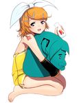  :d bare_shoulders barefoot blonde_hair blue_eyes bottle detached_sleeves full_body hair_ornament hairband holding kagamine_rin looking_at_viewer masao milk_bottle open_mouth short_hair simple_background sitting smile solo sweat vocaloid white_background 