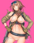  asaki_takayuki bad_id bad_pixiv_id belt bikini breasts brown_eyes brown_hair gloves groin gun hands_on_hips highres huge_breasts jormungand keffiyeh mildred navel nipples purple_background pussy see-through side-tie_bikini simple_background smile solo sunglasses swimsuit weapon white_bikini 