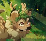  antlers brown_eyes cervine eyelashes forest horn leaf mammal nature rosslyng_(character) sunlight tongue tongue_out tree xnirox 