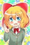  :d bad_id bad_pixiv_id blonde_hair blue_eyes blush bow bowtie curly_(jintai) highres jinrui_wa_suitai_shimashita okuva open_hand open_mouth smile solo 