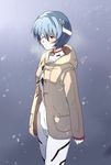  ayanami_rei bad_id bad_pixiv_id bandages blush bodysuit coat evangelion:_3.0_you_can_(not)_redo hood looking_at_viewer neon_genesis_evangelion plugsuit rebuild_of_evangelion red_eyes short_hair snowing solo ume_(plumblossom) white_bodysuit 