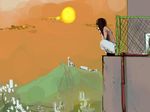  balcony brown_hair chain-link_fence fence hair_down head_rest hill landscape lonely long_hair madotsuki outdoors r_pauti skirt sky solo squatting sun yume_nikki 