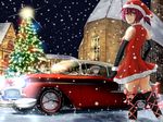  3girls black_hair blonde_hair blue_eyes car character_request christmas church copyright_request eyes_closed from_behind green_eyes hat lights looking_back motor_vehicle multiple_girls night ponytail red_hair santa_costume santa_hat short_hair smile snow snowing suou28 tree vehicle wallpaper 