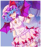  blue_hair frills highres looking_at_viewer n-mix red_eyes remilia_scarlet short_hair smile solo touhou wings wrist_cuffs zoom_layer 