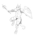  ambiguous_gender armor black_and_white clothing guoh horn kobold leaping mace monochrome plain_background scalie shield solo weapon white_background 