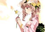  animal_ears braid brown_eyes brown_hair bug butterfly dog_ears flower hair_flower hair_ornament holding insect japanese_clothes kimono original parted_lips short_hair solo tan_(tangent) twin_braids 