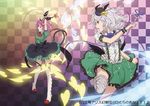  adapted_costume animal_ears arms_up black_gloves black_hair blue_flower blue_rose cat_ears cat_tail checkered checkered_background cosplay egawa_satsuki flower fusion gloves heart kaenbyou_rin kaenbyou_rin_(cosplay) komeiji_koishi komeiji_satori magical_girl multiple_girls multiple_tails nekomata open_mouth puffy_sleeves purple_hair rainbow_background red_flower red_rose reiuji_utsuho reiuji_utsuho_(cosplay) rose short_sleeves siblings silver_hair sisters tail thighhighs touhou wand wrist_cuffs 
