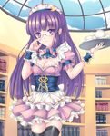  alternate_costume bespectacled black_legwear blush book bookshelf bow breasts cleavage crescent cup dress enmaided fred0092 glasses hair_bow highres long_hair maid maid_headdress medium_breasts patchouli_knowledge purple_eyes purple_hair solo teacup thighhighs touhou tray 