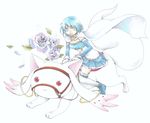  bad_id bad_pixiv_id blue_eyes blue_flower blue_hair blue_rose flower highres kuroi2214 kyubey magical_girl mahou_shoujo_madoka_magica miki_sayaka open_mouth riding rose short_hair simple_background skirt smile solo white_background 