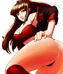 ass bad_id bad_pixiv_id black_panties breasts brown_hair character_request copyright_request dearmybrothers green_eyes highres jacket large_breasts long_hair panties red_legwear simple_background socks solo thong underwear white_background 