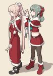  2girls alternate_costume black_legwear bow christmas closed_mouth dress full_body green_hair grey_background hair_bow hair_flaps hair_ribbon kantai_collection koubakotone long_dress long_hair looking_at_viewer multiple_girls pantyhose pink_hair ponytail red_bow ribbon santa_costume santa_dress shoes side_ponytail simple_background skirt smile very_long_hair yura_(kantai_collection) yuubari_(kantai_collection) 