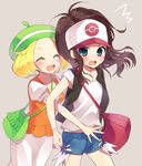  bad_id bad_pixiv_id bag baseball_cap bel_(pokemon) blonde_hair blue_eyes blush brown_hair closed_eyes denim denim_shorts hat hijiki_(hijikini) hug hug_from_behind long_hair multiple_girls open_mouth pokemon pokemon_(game) pokemon_bw ponytail shirt short_hair shorts shoulder_bag skirt surprised touko_(pokemon) vest white_skirt wristband 