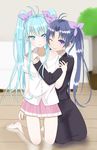  blue_eyes blue_hair denpa_onna_to_seishun_otoko hair_ribbon hug kneeling momokuro mother_and_daughter multiple_girls one_eye_closed ribbon skirt touwa_erio touwa_meme twintails 