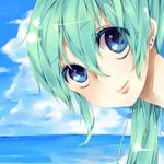  2743haebaru aqua_hair bad_id bad_pixiv_id bangs blue_eyes blue_sky close-up closed_mouth cloud cloudy_sky day earrings eyebrows_visible_through_hair eyelashes eyes_visible_through_hair face from_side hair_between_eyes hatsune_miku horizon jewelry leaning_forward lips long_hair looking_at_viewer looking_to_the_side multiple_earrings nape ocean outdoors sky smile solo stud_earrings vocaloid 