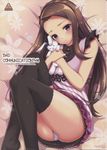  absurdres ass bare_shoulders black_legwear blush brown_hair cover cover_page doll_hug doujin_cover dress english fetal_position forehead hairband highres idolmaster idolmaster_(classic) long_hair looking_at_viewer lying minase_iori no_shoes nomura_teruya on_side panties purple_eyes rating skirt solo striped stuffed_animal stuffed_bunny stuffed_toy thighhighs thighs underwear vertical_stripes white_panties 