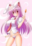  animal_ears between_breasts blush breasts bunny_ears carrot impossible_clothes impossible_shirt large_breasts long_hair looking_at_viewer navel necktie osashin_(osada) panties purple_hair red_eyes red_neckwear reisen_udongein_inaba shiny shiny_skin shirt side-tie_panties smile solo striped striped_panties touhou underwear 