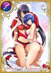  2girls ass blue_eyes breasts christmas christmas_hat gloves green_eyes ikkitousen kan'u_unchou kanu_unchou large_breasts long_hair multiple_girls navel official_art panties purple_hair rin-sin ryomou_shimei short_hair smile thong underwear 