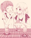  :d :o ^_^ bad_id bad_pixiv_id blush closed_eyes drinking_straw glass hair_bobbles hair_ornament holding holding_spoon momono monochrome multiple_girls open_mouth original pink ponytail shaved_ice smile spoon white_background yuri 