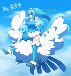  altaria blue_eyes blue_hair blush gen_3_pokemon kuromiya long_hair open_mouth personification pokemon pokemon_(creature) riding sky 