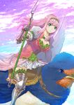  aqua_eyes bad_id bad_pixiv_id bird boots breasts cleavage gauntlets hairband hi_(hirashi) large_breasts long_hair minigirl mount pink_hair princess_royale revision saddle skirt thigh_boots thighhighs thumbelina 