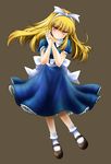  alice_(megami_tensei) bangs blonde_hair blue_dress bow bowtie devil_summoner devil_survivor_2 dress hair_bow hair_ribbon long_hair mary_janes megami_ibunroku_devil_survivor megami_tensei obi persona petticoat puffy_short_sleeves puffy_sleeves red_eyes ribbon saburouta_(hox-666) sash shin_megami_tensei shoes short_sleeves smile solo 