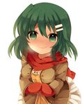  bad_id bad_pixiv_id blush green_eyes green_hair idolmaster idolmaster_cinderella_girls mittens natalia_(idolmaster) pekora_(evening_twilight) scarf short_hair smile solo 