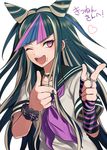  1girl black_hair blue_hair danganronpa earring earrings facial_piercing grin harano jewelry mioda_ibuki multicolored_hair nail_polish necklace piercing pink_eyes pink_hair pointing ribbon school_uniform scrunchie simple_background single_glove smile striped super_dangan_ronpa_2 super_danganronpa_2 white_background wink 