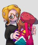  backwards_hat baseball_cap blue_eyes breasts brown_eyes commentary_request dark_skin eye_contact glasses grey_background hat inkling jacket katsuoboshi looking_at_another medium_breasts multiple_girls octoling open_mouth pink_hair pointy_ears ribbed_sweater simple_background splatoon_(series) suction_cups sweater tentacle_hair upper_body yuri zipper_pull_tab 