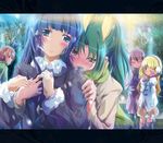  aoki_reika blonde_hair blue_eyes blue_hair blush coat green_eyes green_hair highres hino_akane_(smile_precure!) hoshizora_miyuki hug hug_from_behind inoshishi_(ikatomo) kise_yayoi letterboxed long_hair midorikawa_nao multiple_girls pink_hair ponytail precure smile smile_precure! tears yellow_eyes 