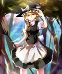  apron bad_id bad_pixiv_id blonde_hair braid broom dress grin hair_ribbon hat highres hizagawa_rau kirisame_marisa long_hair ribbon smile solo touhou tree witch_hat yellow_eyes 