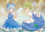  :d bloomers blue_eyes blue_hair cirno daiyousei dress egawa_satsuki frog green_hair ice ice_wings multiple_girls open_mouth outstretched_arm partially_submerged short_hair side_ponytail skirt_hold smile touhou underwear water wings 