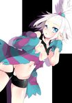  1girl bare_legs blue_eyes blush breasts flat_chest gym_leader hair_bobbles hair_ornament homika_(pokemon) kanro_ame_(ameko) navel nintendo nipples pokemon pokemon_(game) pokemon_bw2 shorts solo tenkirin topknot torn_clothes white_hair 