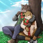  ? blush brown_eyes brown_fur canine clenched_teeth clothing couple duo eyes_closed fur gay grey_fur grin hug male mammal outside public romantic scarf smile teeth toku tree wolf 