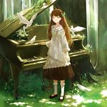  aqua_eyes bird bow breasts brown_hair cotta day dress floral_print flower forest frilled_legwear grass hair_bow instrument leaf long_hair mary_janes mori_girl nature original outdoors overgrown piano plant rose shoes small_breasts socks solo standing tree vines white_legwear 