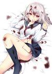  bad_id bad_pixiv_id blood blood_on_face blood_stain bloody_clothes breasts leg_up looking_at_viewer lying medium_breasts on_back open_mouth original panties pink_panties red_eyes samegami school_uniform serafuku silver_hair skirt solo underwear 