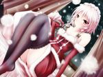  black_legwear braid christmas curtains dress dutch_angle elbow_gloves gloves hair_ribbon izayoi_sakuya maid_headdress noratama-nyan panties pantyshot ribbon santa_costume silver_hair snow solo thighhighs touhou twin_braids underwear 