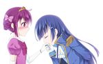  aoki_reika blue_hair blush bow closed_eyes epaulettes hair_tubes hand_kiss hoshizora_miyuki kiss long_hair multiple_girls oni1103 open_mouth pink_bow pink_eyes pink_hair precure short_hair smile_precure! twintails yuri 