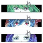  blue_eyes glitter green_hair kazami_yuuka kumoi_ichirin lavender_hair looking_at_viewer multiple_girls parody persona_eyes purple_hair red_eyes remilia_scarlet shaded_face short_hair simple_background touhou vegas_(akg) 